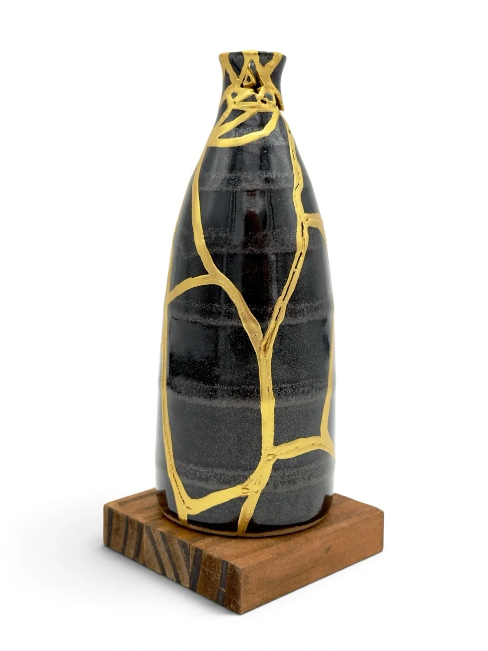 Kintsugi Vase Striped Black Pottery Gold Crack Art Growth Anniversary Gift